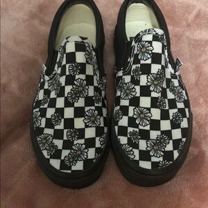 Custom Vans Black and White Checkerboard with   Daisies Slip-On Sneakers
